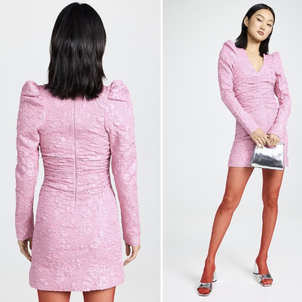 GANNI Pink Floral Jacquard Tonal Long Sleeve Romantic Barbiecore Mini Dress NWT - Picture 3 of 15